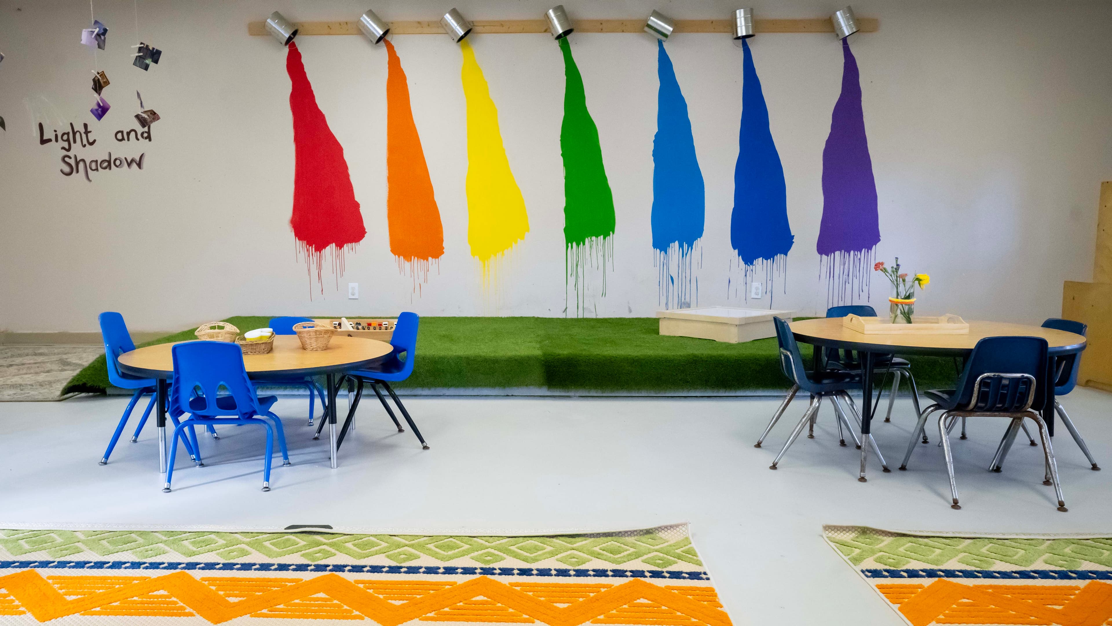 Colorful classroom with art wall